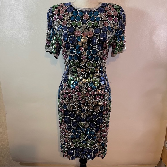 Vintage Nite Line Silk Sequins Short Sleeve Dress Women's Size 8 - Picture 1 of 5
